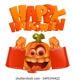 Pumpkin cartoon character with bags. Halloween sale card. Vector illustration