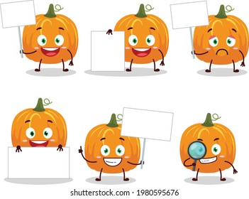 Pumpkin cartoon in character bring information board