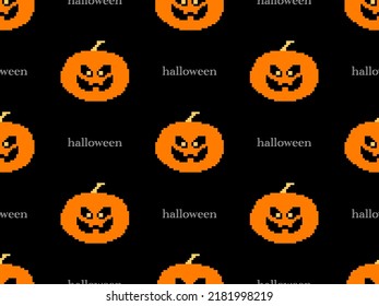 Pumpkin cartoon character seamless pattern on black background. Pixel style