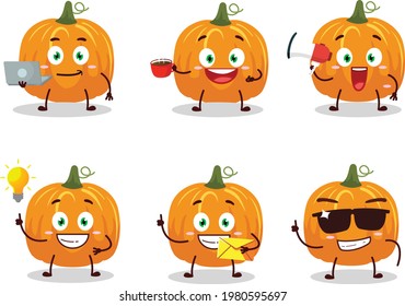 Pumpkin cartoon character with various types of business emoticons