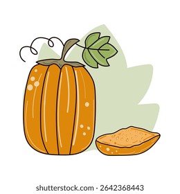 Pumpkin cartoon. Contour drawing, doodle, vegetable. Harvest, food. Autumn season banner, poster with space for text. Halloween. Vector illustration. White isolated background.