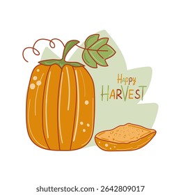 Pumpkin cartoon. Contour drawing, doodle, vegetable. Harvest, food. Autumn season banner, poster with space for text. Hand lettering. Halloween. Vector illustration. White isolated background.