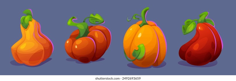 Icono de calabaza. Vector de comida de calabaza de otoño. Vegetal de Halloween con hoja verde y tallo. Conjunto de símbolos de cosecha naranja y rojo. Elemento orgánico del ingrediente de la receta para el gráfico navideño de acción de gracias