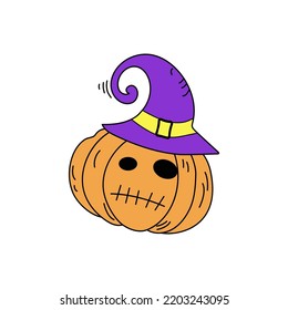 Pumpkin cartoon icon. Halloween, holiday. Evil pumpkin in a wizard's hat. Vector illustration.