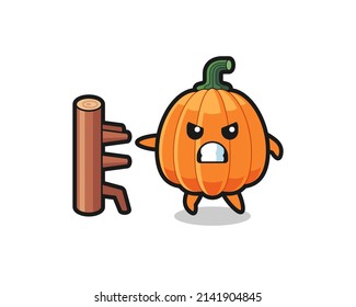 pumpkin cartoon illustration as a karate fighter , cute design