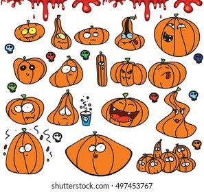 Pumpkin cartoon illustration set. Halloween pumpkin. Happy holiday card. 