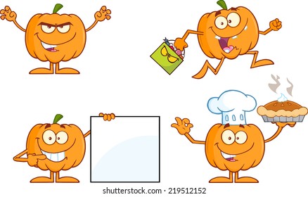Pumpkin Cartoon Mascot Character Series 4. Vector Collection Set