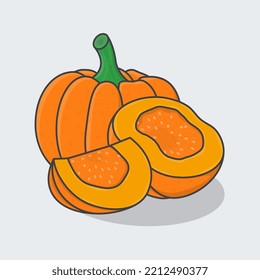Pumpkin Cartoon Vector Illustration. Slice And Whole Of Pumpkin Flat Icon Outline