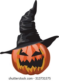 Pumpkin with carved eyes and mouth in a black witches hat. Halloween. Vector.