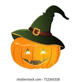 A pumpkin with a carved face and a green witch hat.  Happy Halloween. Trick or treat. Festive traditional pattern, isolated on white background.  
