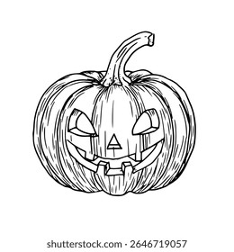 Pumpkin with carved face, Halloween decoration, black and white ink sketch. Vector illustration. Funny autumn decor for a mystical holiday, isolated on a white background. Drawing in a simple style