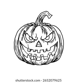 Pumpkin with carved face, Halloween decoration, black and white ink sketch. Vector illustration. Funny autumn decor for a mystical holiday, isolated on a white background. Drawing in a simple style
