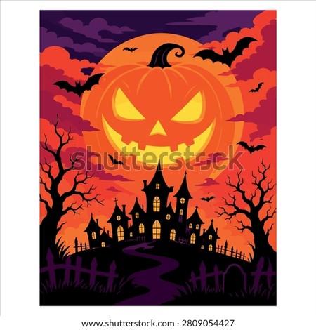 Pumpkin with Carved Face in a Halloween Scene with a Haunted House and Bats Featuring Moon, Night, Spooky with Eerie and Autumn