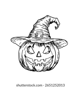 Pumpkin with a carved face in a pointed hat, Halloween decoration, sketch in black and white ink. Vector illustration. A funny autumn decor for a mystical holiday, isolated on a white background. 