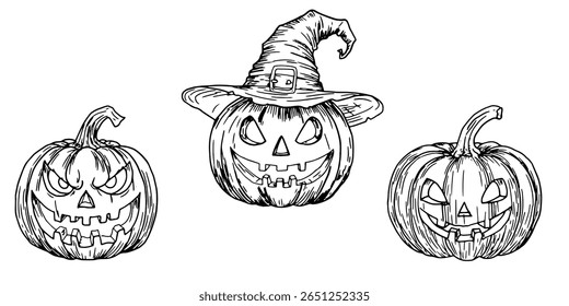 A pumpkin with a carved face in a pointed hat, a set of Halloween decorations, a sketch in black and white ink. Vector illustration. Autumn decor for a mystical holiday, isolated on a white background