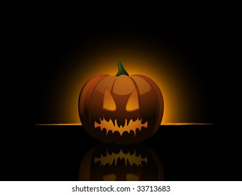 pumpkin with carved face reflected on a black background