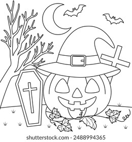 Pumpkin with a carved face and tombstones colouring. Halloween Outline Coloring Page