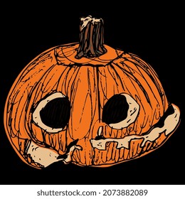 Pumpkin carved as human skull. Halloween design. Jack-o'-lantern. Hand drawn colorful rough sketch. On black background.