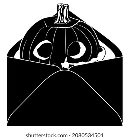 Pumpkin carved as human skull inside paper envelope. Funny Halloween greeting design. Jack-o'-lantern. Creative concept. Black and white silhouette.