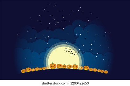 Pumpkin carving and black bat with moon sky and stars at night. Concept of happy halloween