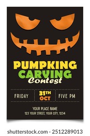 Pumpkin carving flyer with Lantern Jack carved spooky scary smiling face. Retro dark design. Perfect for Halloween invitations, event promotion or party decorations. Vector illustration.