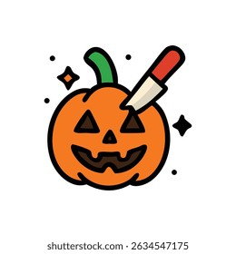 Pumpkin carving with knife. Ideal for Halloween, autumn, seasonal, spooky, creativity, home decoration, festive, holiday, jackolantern, and DIY themes.
