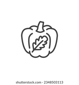 Icono de línea de tallado de calabaza. signo de estilo lineal para concepto móvil y diseño web. Calabaza de Acción de Gracias con icono vector de contorno de hoja. Símbolo, ilustración del logotipo. Gráficos vectoriales