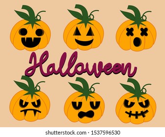 Pumpkin carving is popular on Halloween.Set of halloween pumpkins.Emoticons vector set.