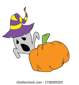 Pumpkin and cast in a hat, vector design for banner, poster, greeting card, party invitation.