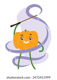 Pumpkin casts spell with magic wand. Halloween character.