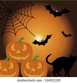 pumpkin, cat and bat on special orange background