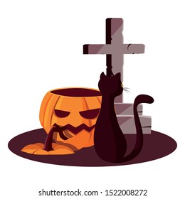 pumpkin cat cross happy halloween vector illustration