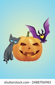 pumpkin with a cat and a flying bat