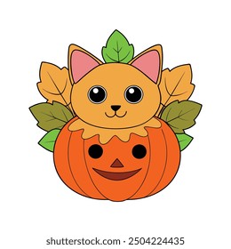 Pumpkin Cat Halloween Colored Cartoon Vector Illustration.