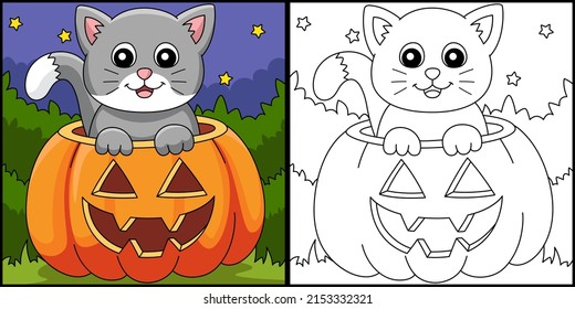 Pumpkin Cat Halloween Coloring Page Illustration