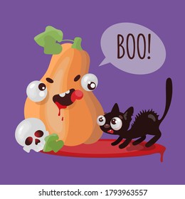 PUMPKIN CAT Halloween Funny Flat Design Cartoon Hand Drawn Vector Illustration Set For Print