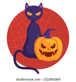pumpkin with cat in halloween scene vector illustration