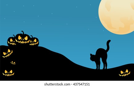 Pumpkin and cat halloween silhouette vector illustration