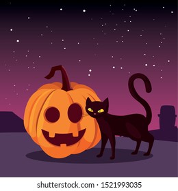 pumpkin cat happy halloween celebration night panorama vector illustration