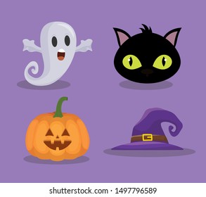 pumpkin cat hat and ghost trick or treat - happy halloween party vector illustration