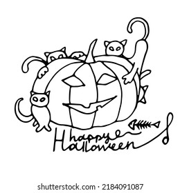 Pumpkin with cats and lettering inscription. Halloween. Autumn holidays. Vector Illustration