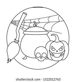 pumpkin with cauldron and icons halloween vector illustration