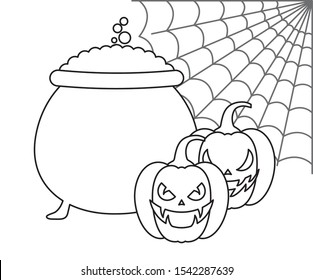 pumpkin with cauldron and icons halloween vector illustration