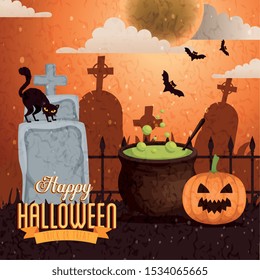pumpkin with cauldron and icons of happy halloween vector illustration design