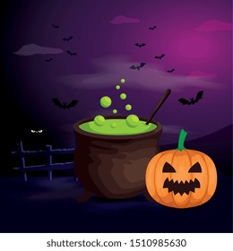 pumpkin with cauldron in scene halloween