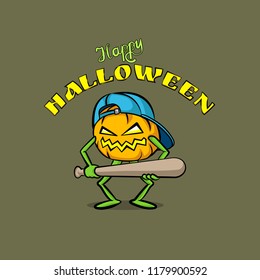Pumpkin character with baseball bat and cap in vector