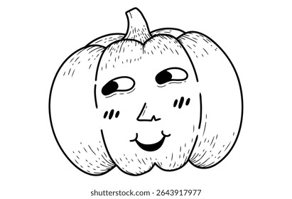 Pumpkin character is blushing with cute black and white hand drawing