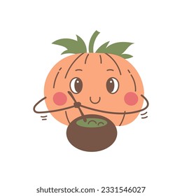 Pumpkin Character brews witchcraft potion. Funny cartoon Pumpkin. Vector illustration on white background for Holiday and celebration design, poster, greeting card, banner