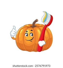 Pumpkin Character Brushing Teeth Illustration.