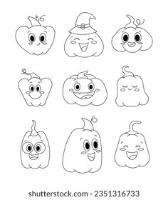 Pumpkin character cartoon. Coloring Page. Beautiful cute vegetable. Halloween holiday. Vector drawing. Collection of design elements.